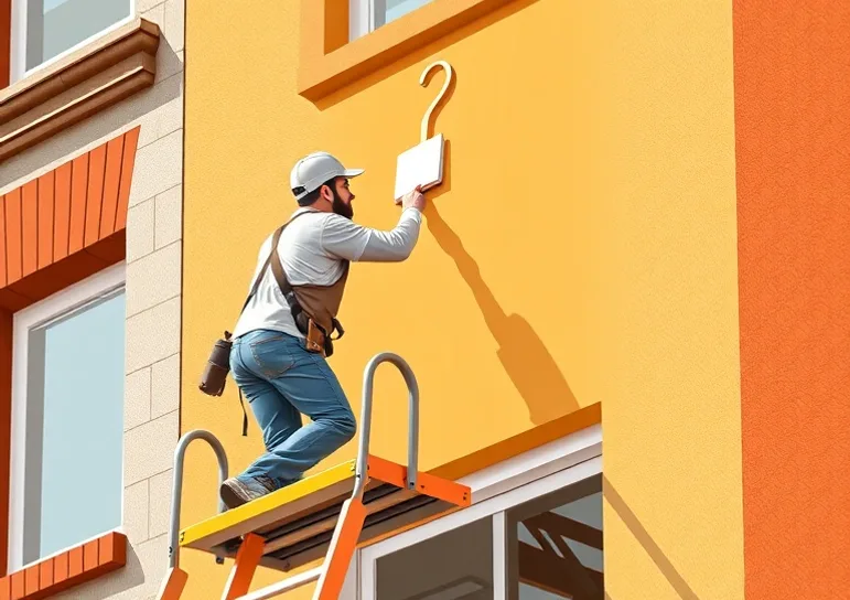 Peintre sur échafaudage traitant la façade d'une maison