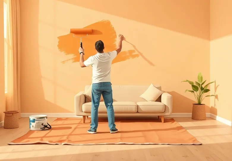 Peintre appliquant la peinture au rouleau sur un mur de salon